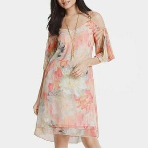 EUC Watercolor Peach Floral Cold Shoulder Dress